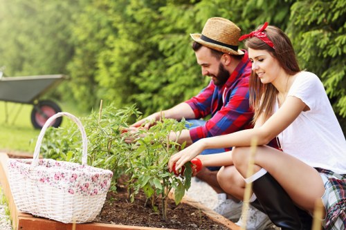 A couple is engaged in gardening in a backyard garden, tending to young plants in a flower bed with dark, moist soil. The man, wearing a straw hat and a red-and-blue checkered shirt, is closely examining and possibly pruning a leafy green plant. The woman, dressed in a white t-shirt and plaid skirt, is kneeling beside him, gently touching the plant and smiling. In the foreground, a woven basket with a floral design rests on the edge of the flower bed, suggesting garden harvesting or planting activity. Behind them, the garden features a lush lawn with dense green grass, a neatly trimmed hedge, and small trees providing a natural backdrop. The scene is brightly lit, indicating a sunny day, and the overall environment appears well-maintained, reflecting regular outdoor gardening care typical of a suburban garden in Harrow. The image captures the outdoor space's natural textures, vibrant green tones, and a peaceful, productive gardening atmosphere, supporting professional gardening and landscaping services by illustrating active, attentive outdoor maintenance and plant care.