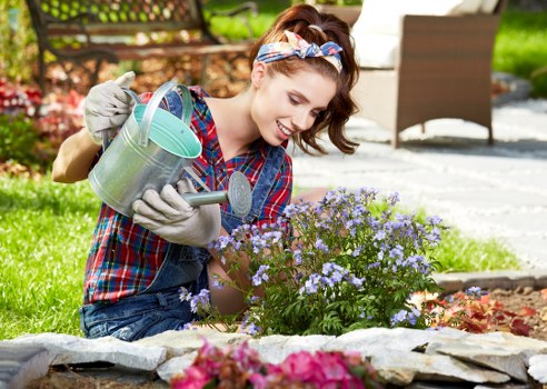 In a well-maintained outdoor garden space within Harrow, a young woman is seen planting and caring for a small flowering shrub with purple blossoms, sitting on a stone-edged flower bed border. She is dressed casually in a colorful, checkered shirt, with a headband and gardening gloves, holding a turquoise watering can in one hand while tending to the plant with the other. The garden features a neatly trimmed lawn in the foreground, surrounded by flower beds with various plants, including vibrant pink flowers, indicating a lush, well-kept landscape. In the background, there is a paved patio area with outdoor furniture, including a brown chair, and a portion of a wooden fence, under a clear, bright sky, suggesting a sunny day. This scene reflects professional gardening and landscaping services typical of a residential outdoor space in Harrow, with attention to plant care, lawn maintenance, and garden aesthetics, providing a natural connection to gardening expertise offered by companies like Landscapers Harrow.